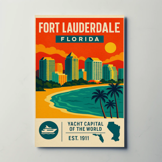 Fort Lauderdale Florida Skyline Palms Sunset Travel Poster