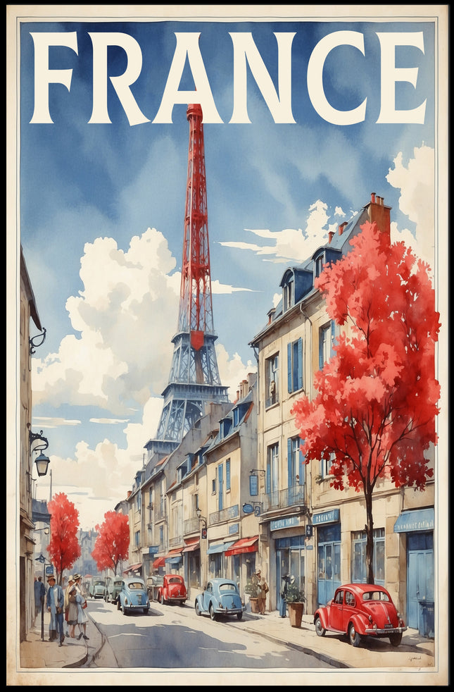 Picturesque Paris Street Scene with Eiffel Tower Travel Poster