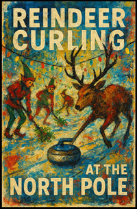 Reindeer Curling at the North Pole Poster