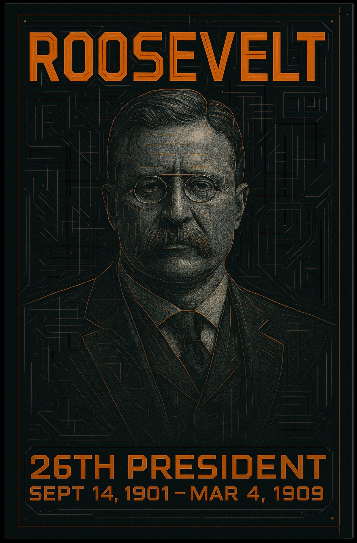 Theodore Roosevelt 26th President of the United States Techno Schematic Poster