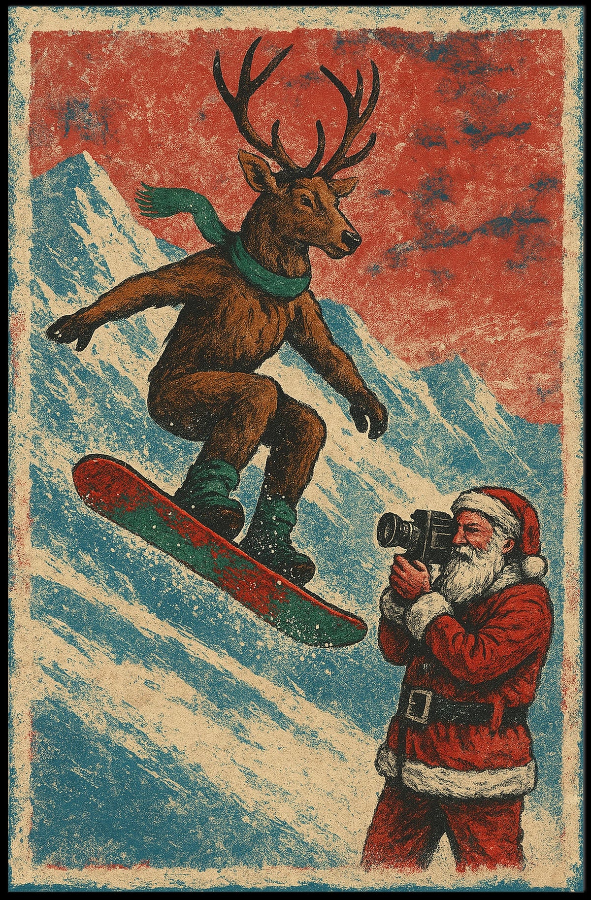 Whimsical Reindeer Snowboarding Vintage Christmas Poster