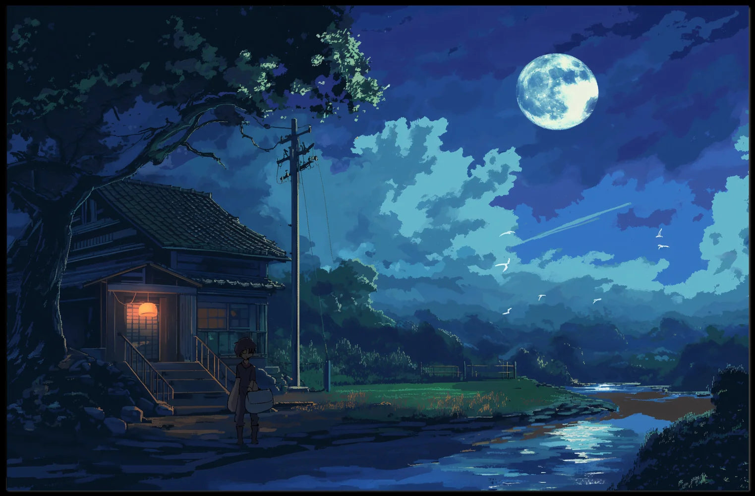 Tranquil Japanese Night Scene Anime-Inspired Poster