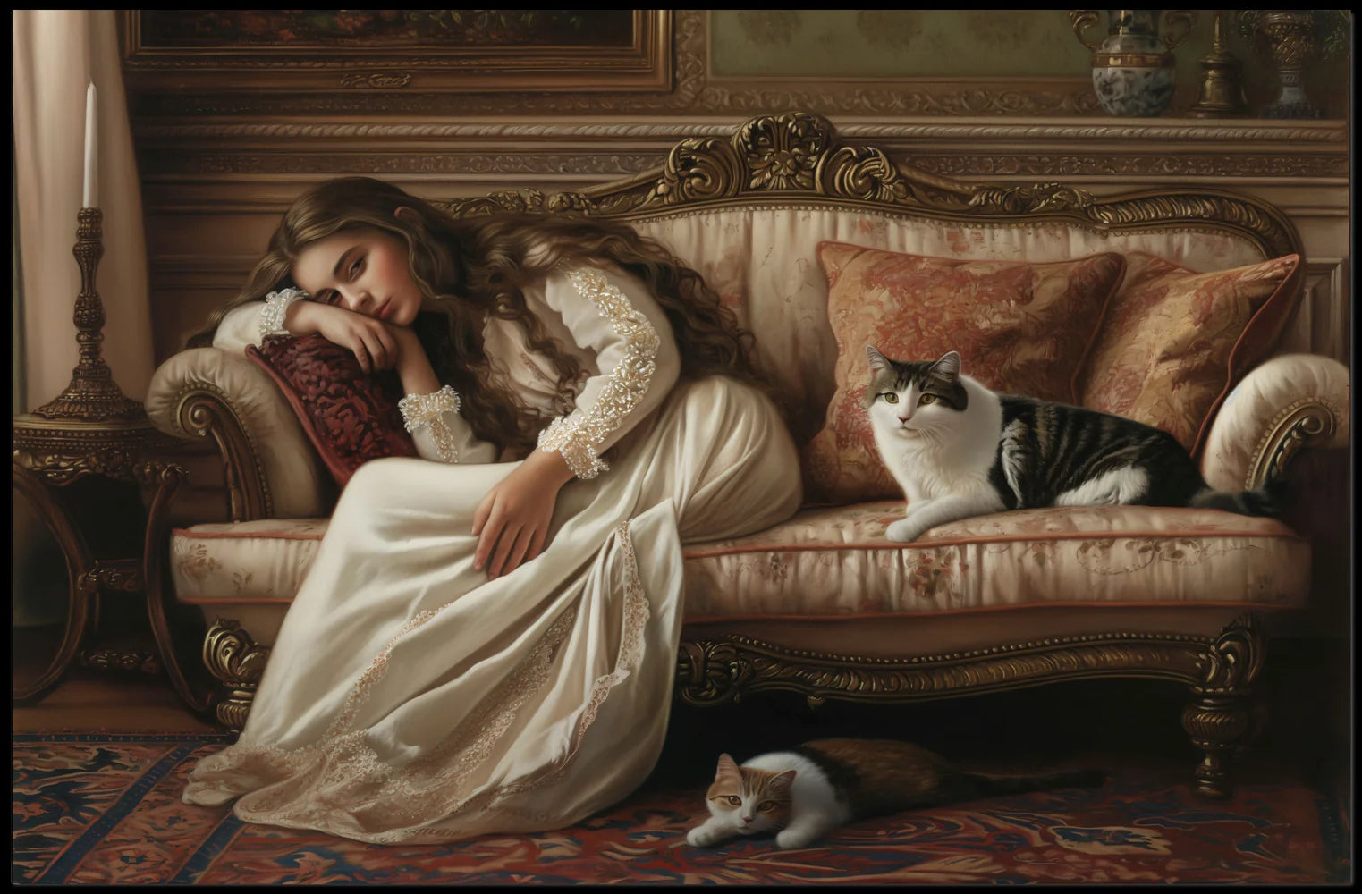 Serene Vintage Woman with Cats in Classic Interior