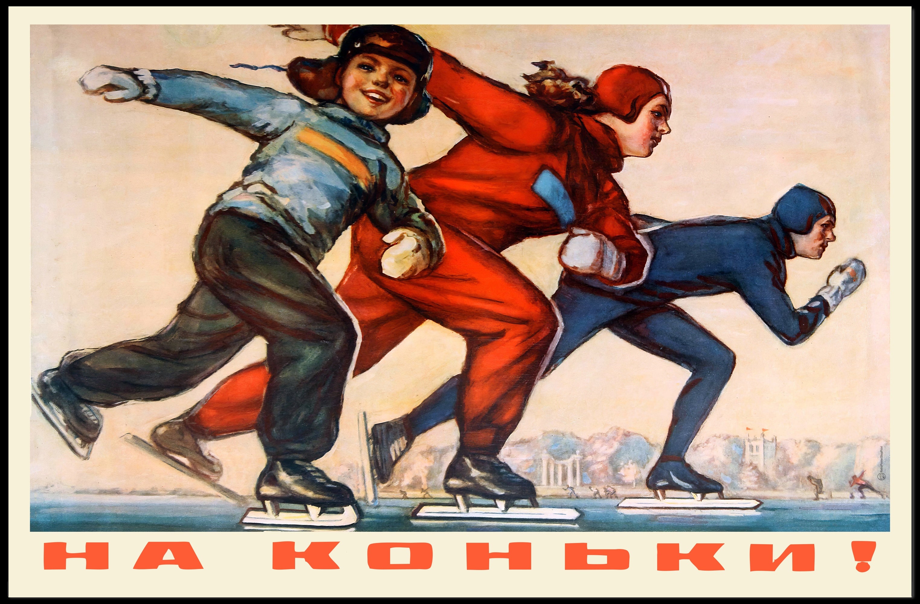 Speed Skating Action: Dynamic Mid-Century Sports Poster