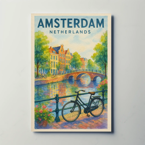 Amsterdam Canal Scene Watercolor Travel Poster
