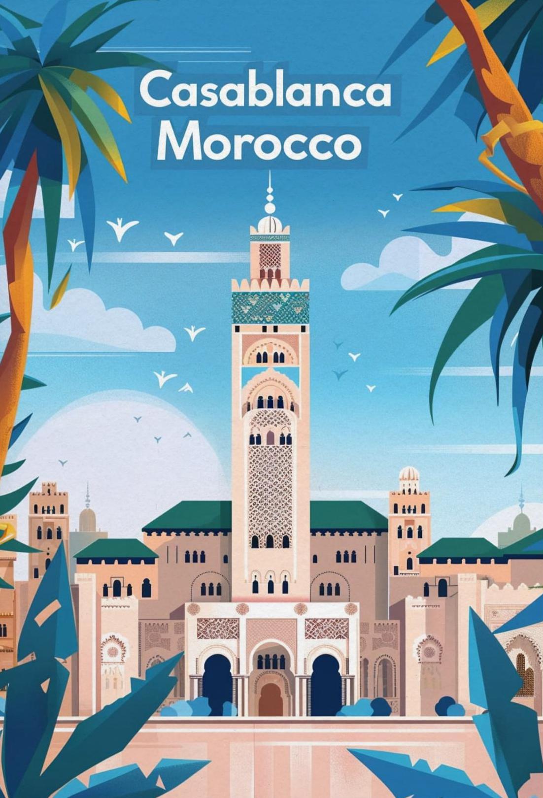 Casablanca Morocco Hassan II Mosque Vintage Travel Poster