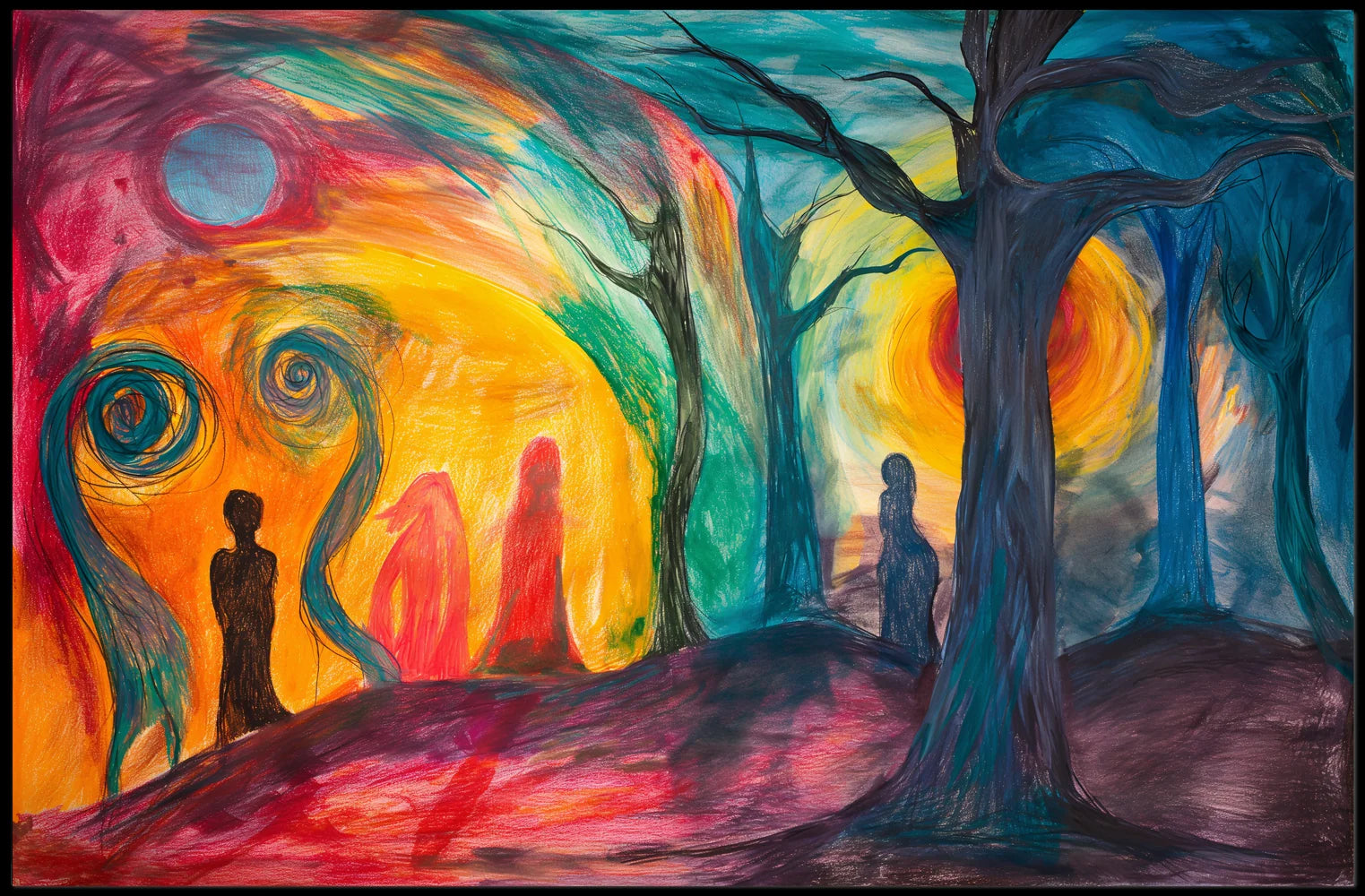 The poster is an abstract, surrealistic artwork with a vibrant and emotive theme. Travel Poster