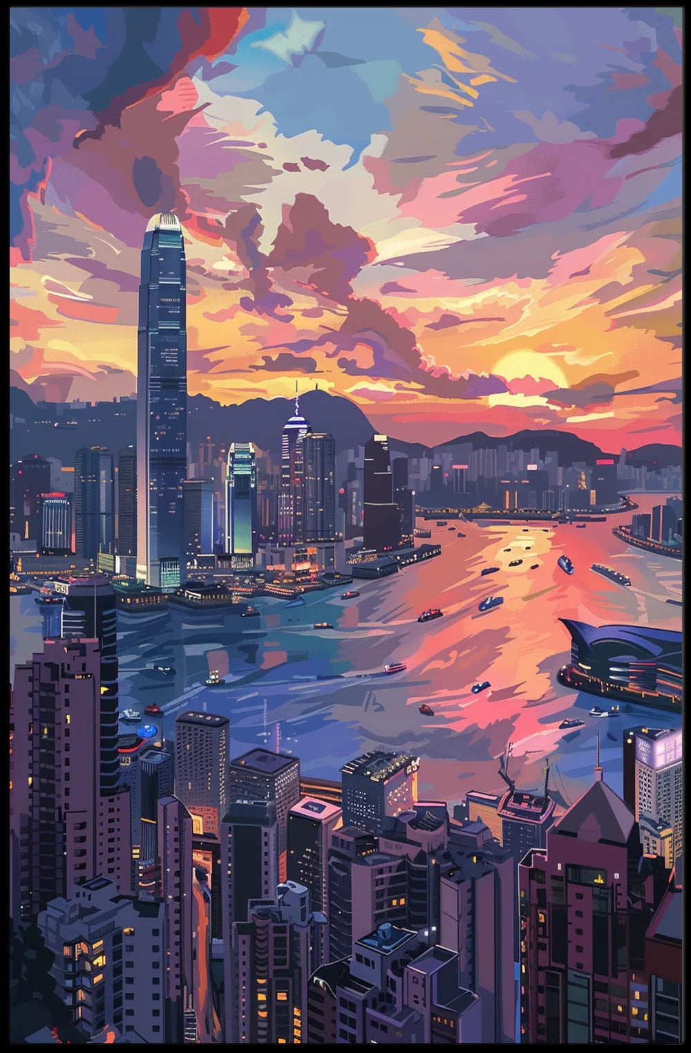 Hong Kong Sunset Cityscape Modern Art Poster