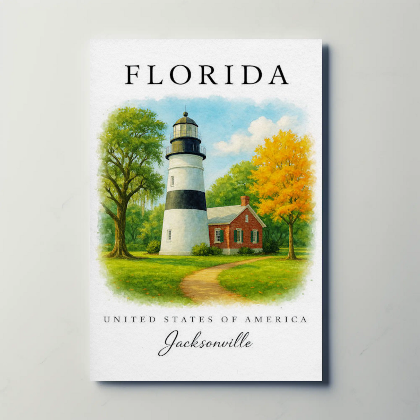 Jacksonville Florida Lighthouse Cottage Autumn Trees Travel Poster