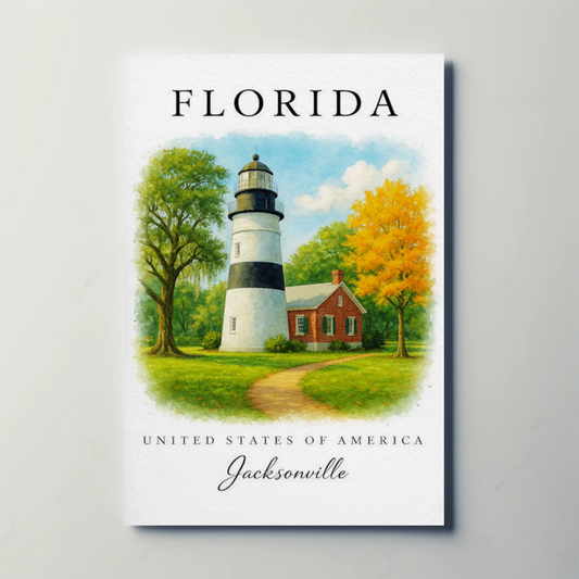 Jacksonville Florida Lighthouse Cottage Autumn Trees Travel Poster