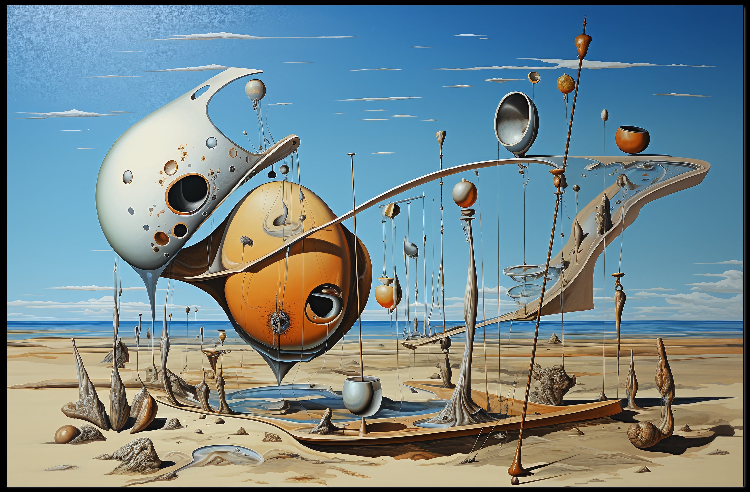 Surreal Desert Landscape with Futuristic Sculptures - Artistic Poster