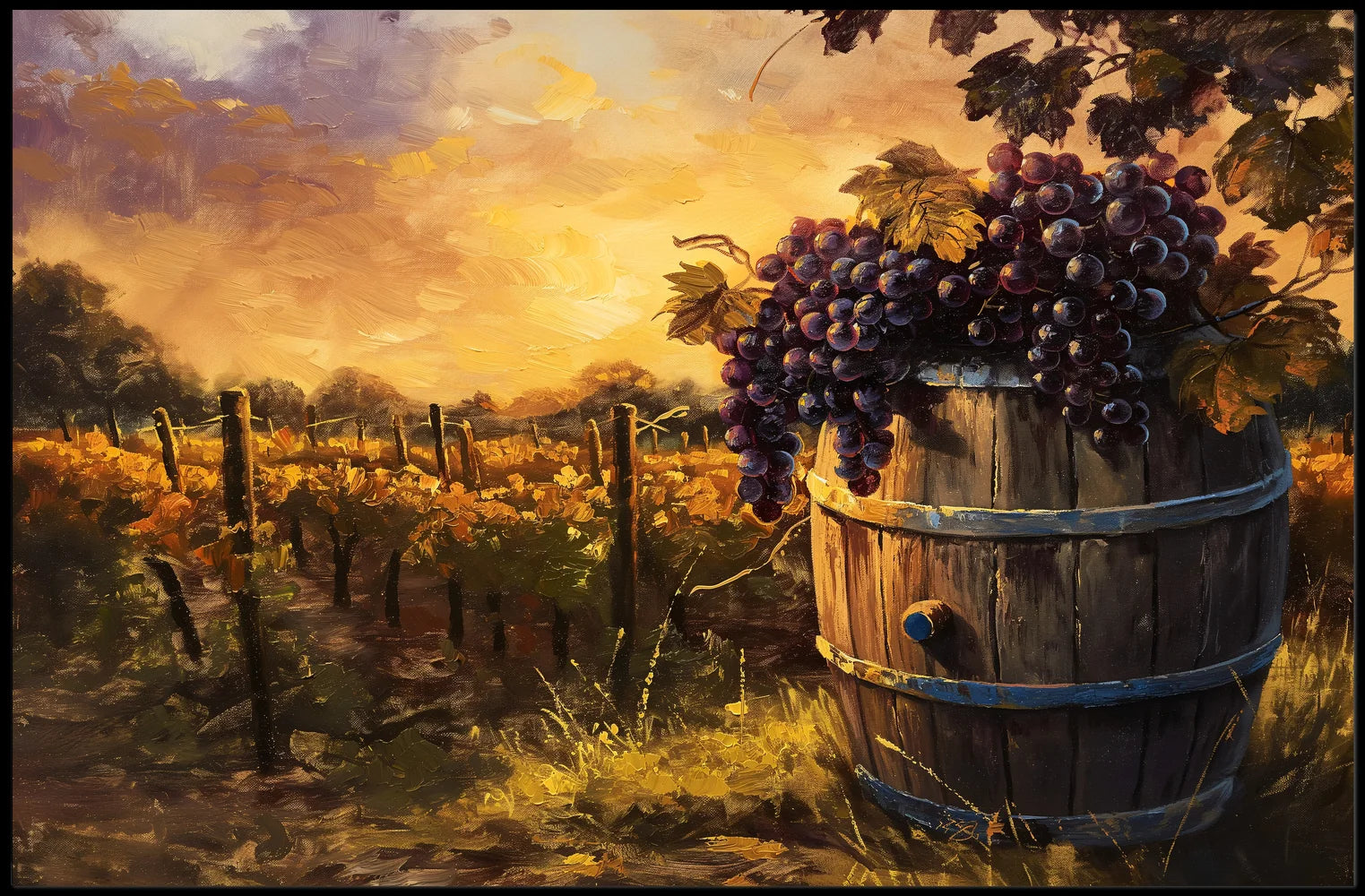 Serene Vineyard Sunset: Impressionistic Harvest Art Poster