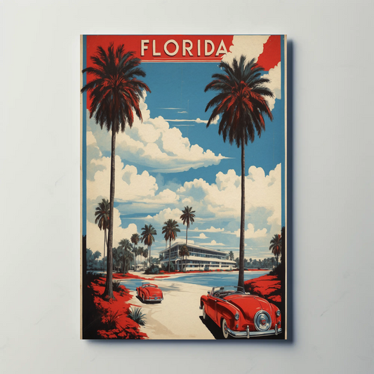 Florida Retro Cars Beach Palms Vintage Travel Poster