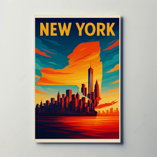 New York State Outline Skyline Sunset Silhouette Travel Poster