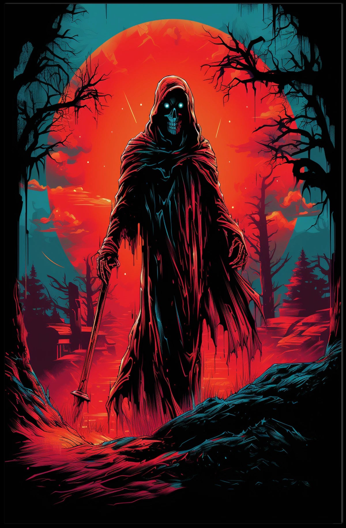 Grim Reaper Apocalyptic Landscape Poster: Vivid Graphic Art