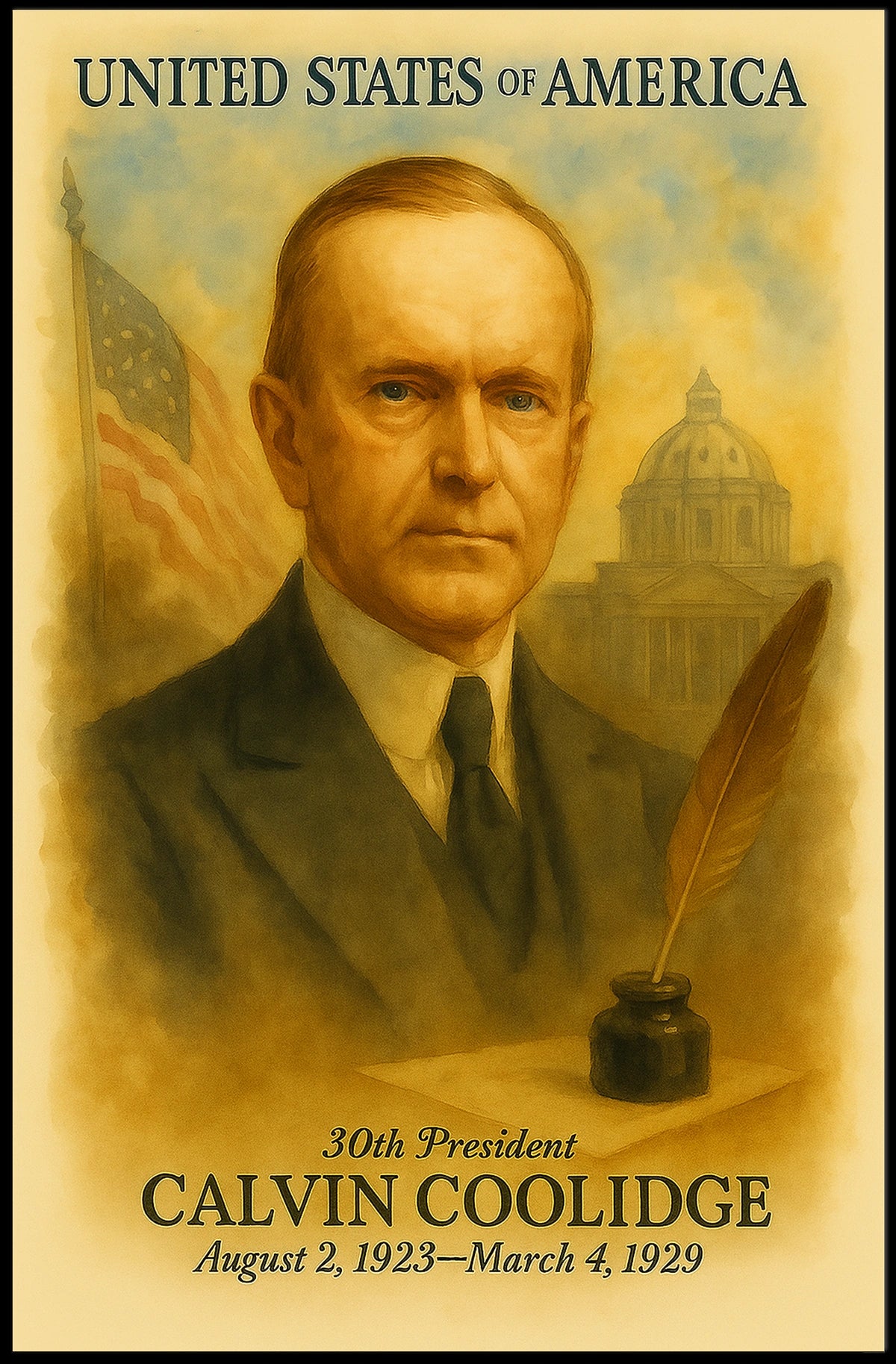 Calvin Coolidge 30th President of the United States Vintage Watercolor Poster