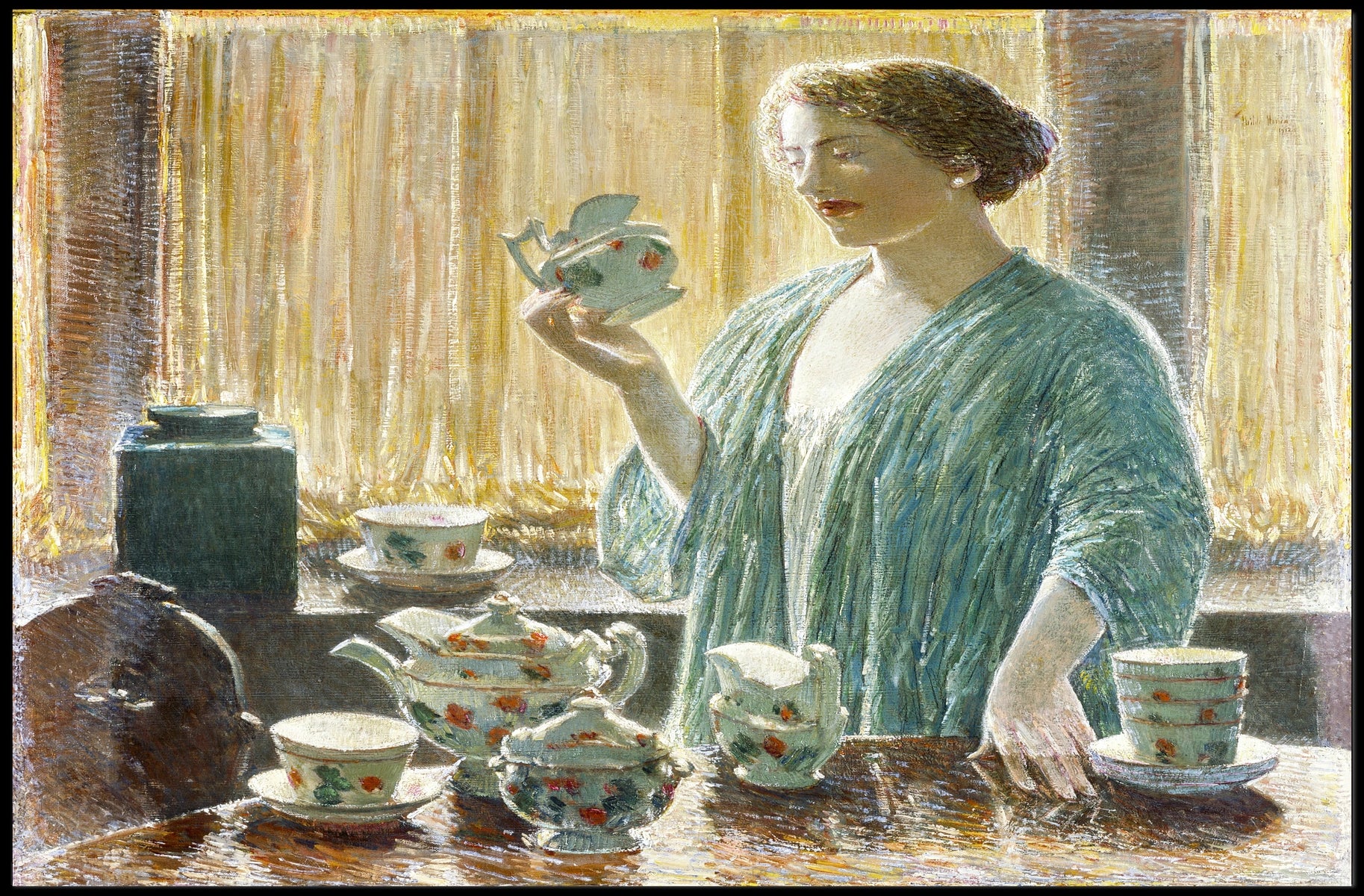 Serene Domestic Scene in Blue Robe Artistic Poster