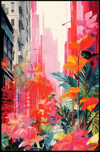 Urban Nature Fusion: Vibrant Cityscape Meets Botanical Wonderland Poster