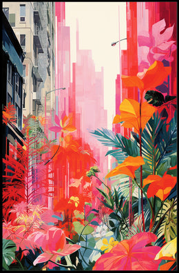 Urban Nature Fusion: Vibrant Cityscape Meets Botanical Wonderland Poster