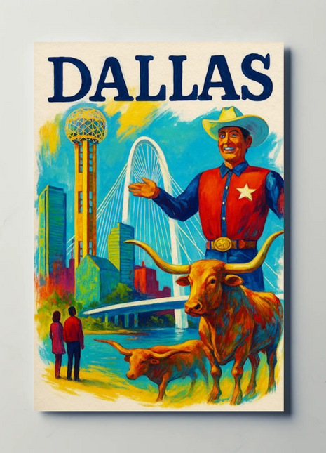 Dallas Texas Bridge Longhorn Cowboy Travel Poster