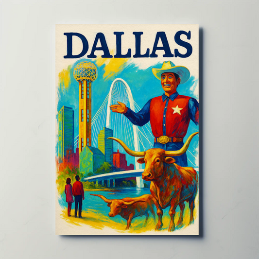 Dallas Texas Bridge Longhorn Cowboy Travel Poster