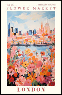 London Flower Market: Vibrant Blooms Against Iconic Skyline Poster