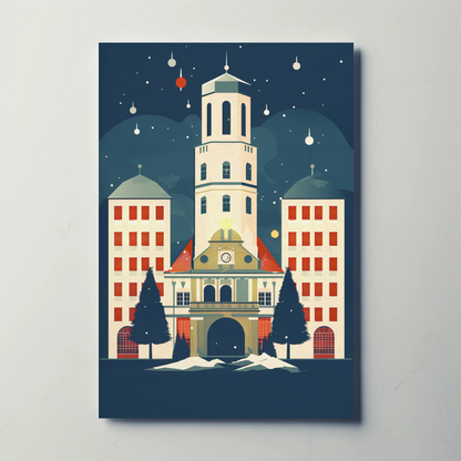 Winter Town Hall Scene With Stars Travel Poster