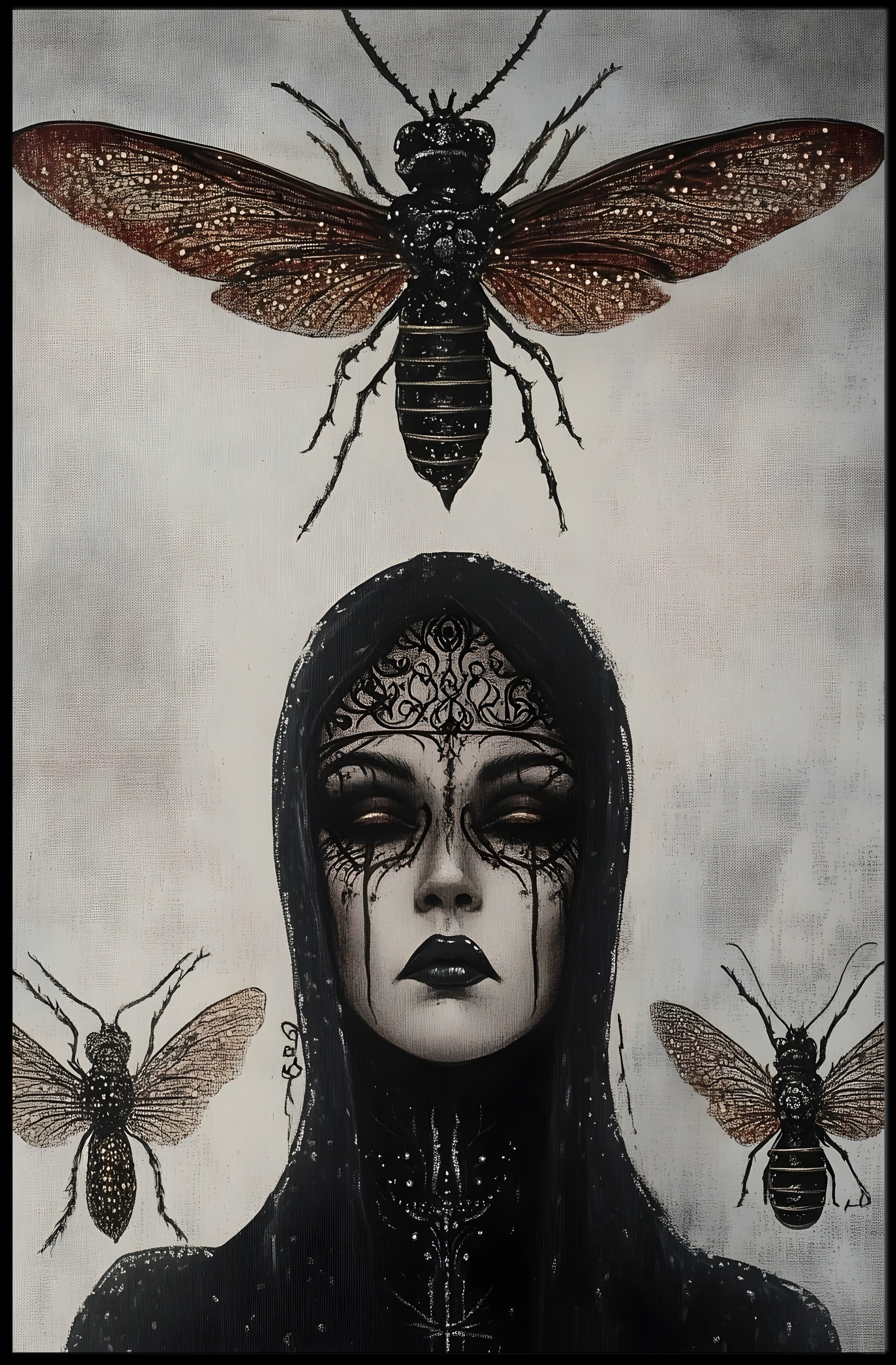 Eerie Gothic Woman with Insects: Artistic Poster PosterGoat