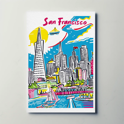San Francisco California Colorful Skyline Waterfront Travel Poster