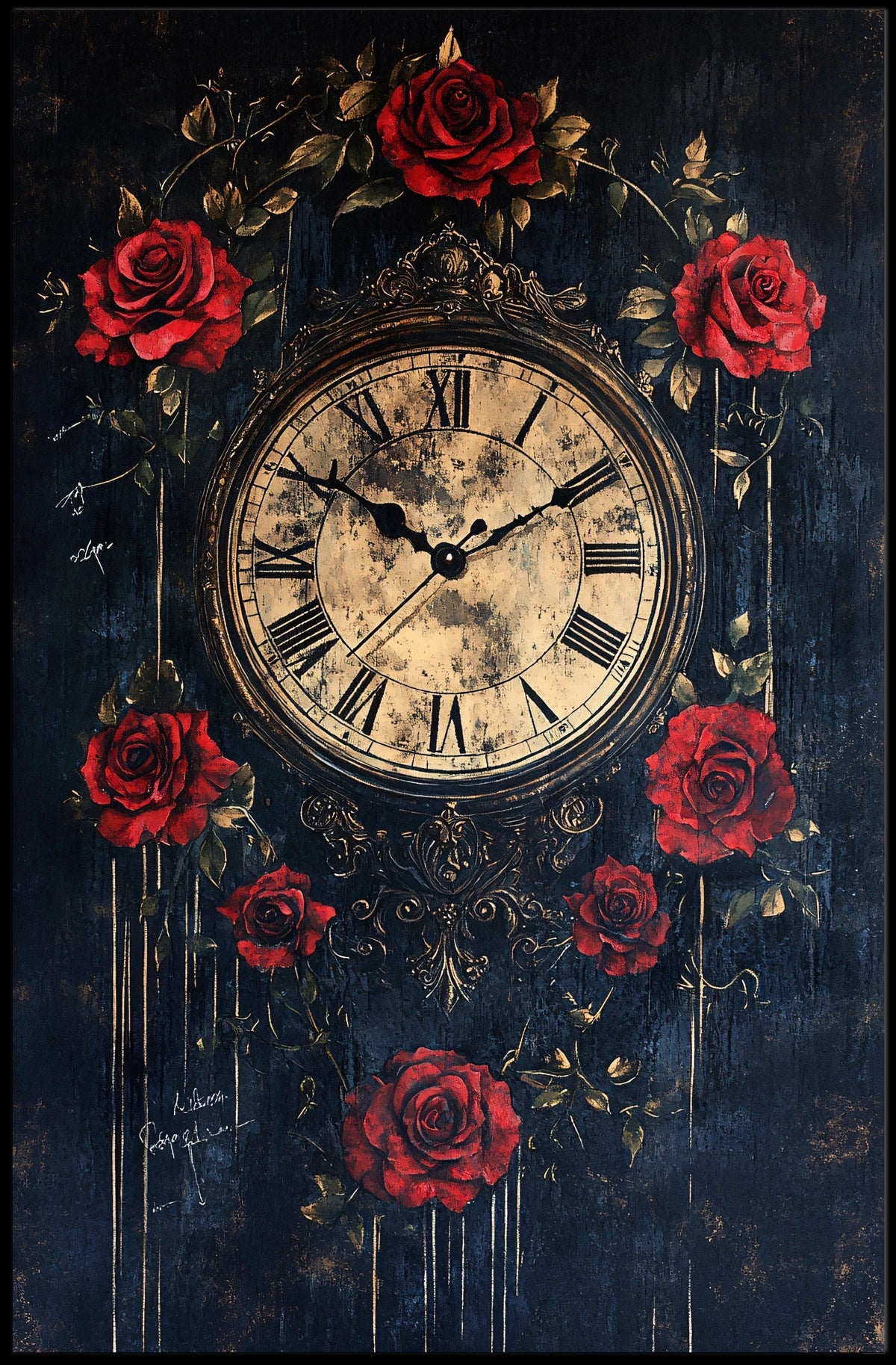 Timeless Romance: Classic Clock with Roses Cultural Poster