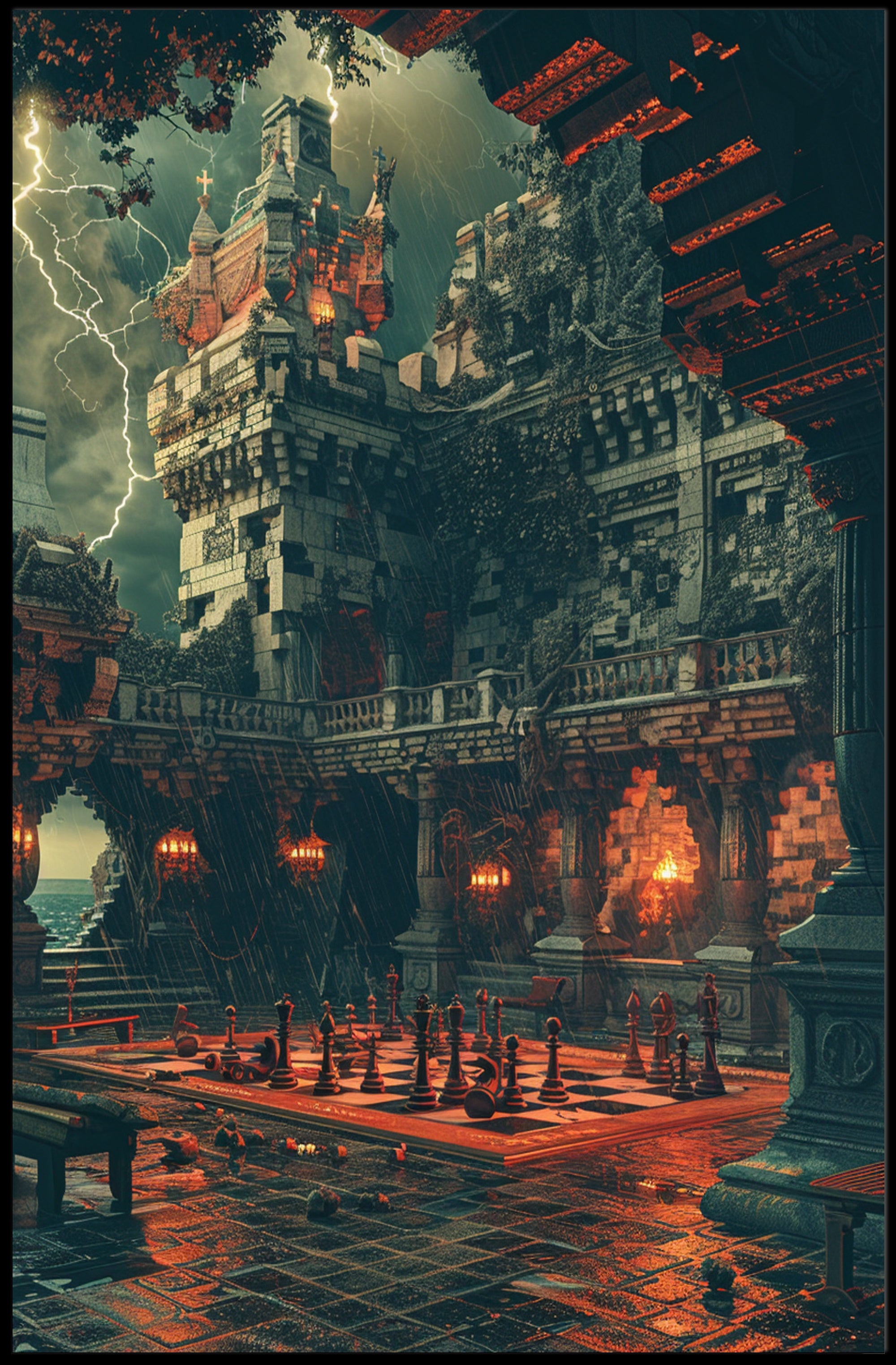 Dramatic Chess Scene in Gothic Castle Fantasy or Mythology Poster PosterGoat