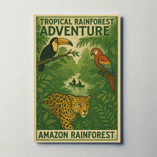 Amazon Rainforest Jaguar Parrots River Poster Poster