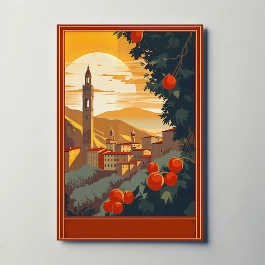 Italian Hilltown Sunset With Tower Travel Poster