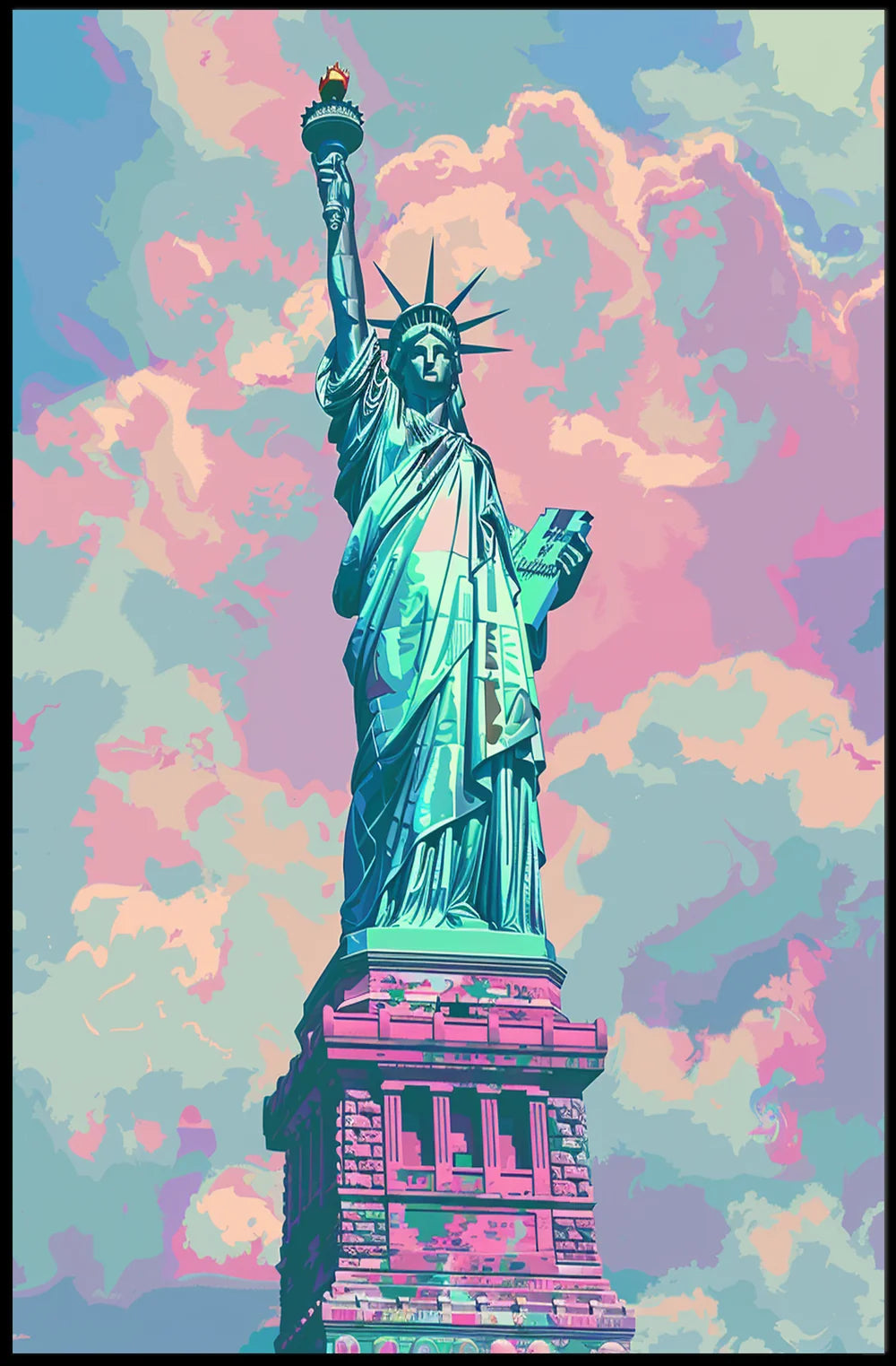 The poster features an artistic depiction of the Statue of Liberty, a symbol Travel Poster