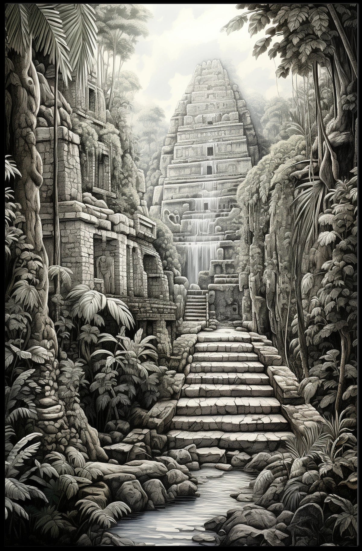 Ancient Jungle Pyramid Landscape Art: Cultural or Heritage Poster