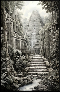 Ancient Jungle Pyramid Landscape Art: Cultural or Heritage Poster