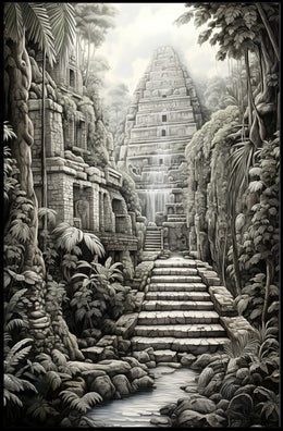 Ancient Jungle Pyramid Landscape Art: Cultural or Heritage Poster