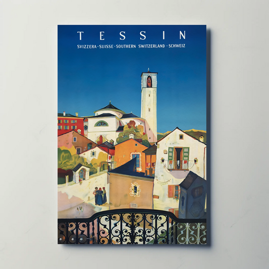Tessin Switzerland Scenic Hilltop Village Vintage Travel Poster