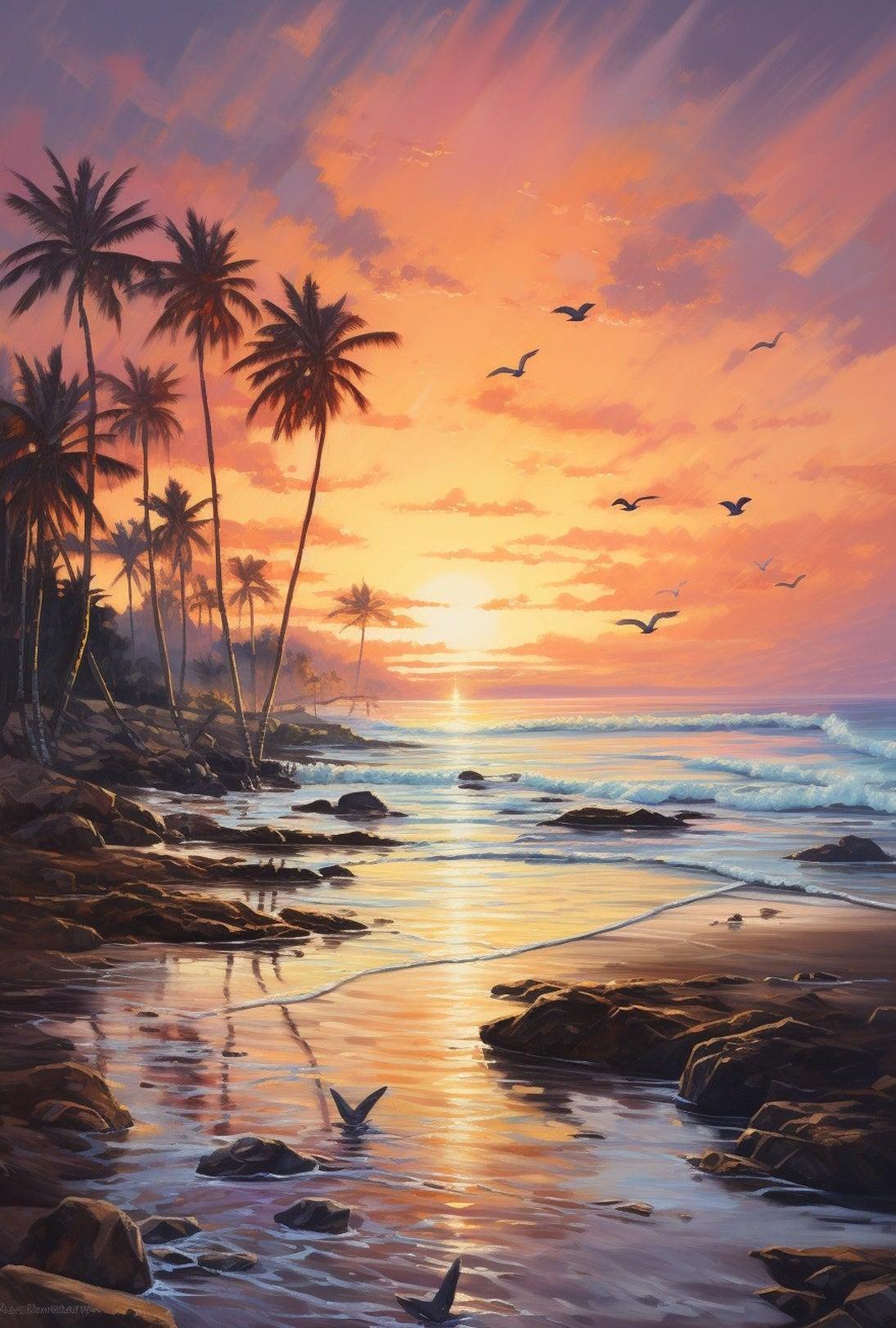 Tropical Sunrise Beach Scene: Abstract, Artistic Poster