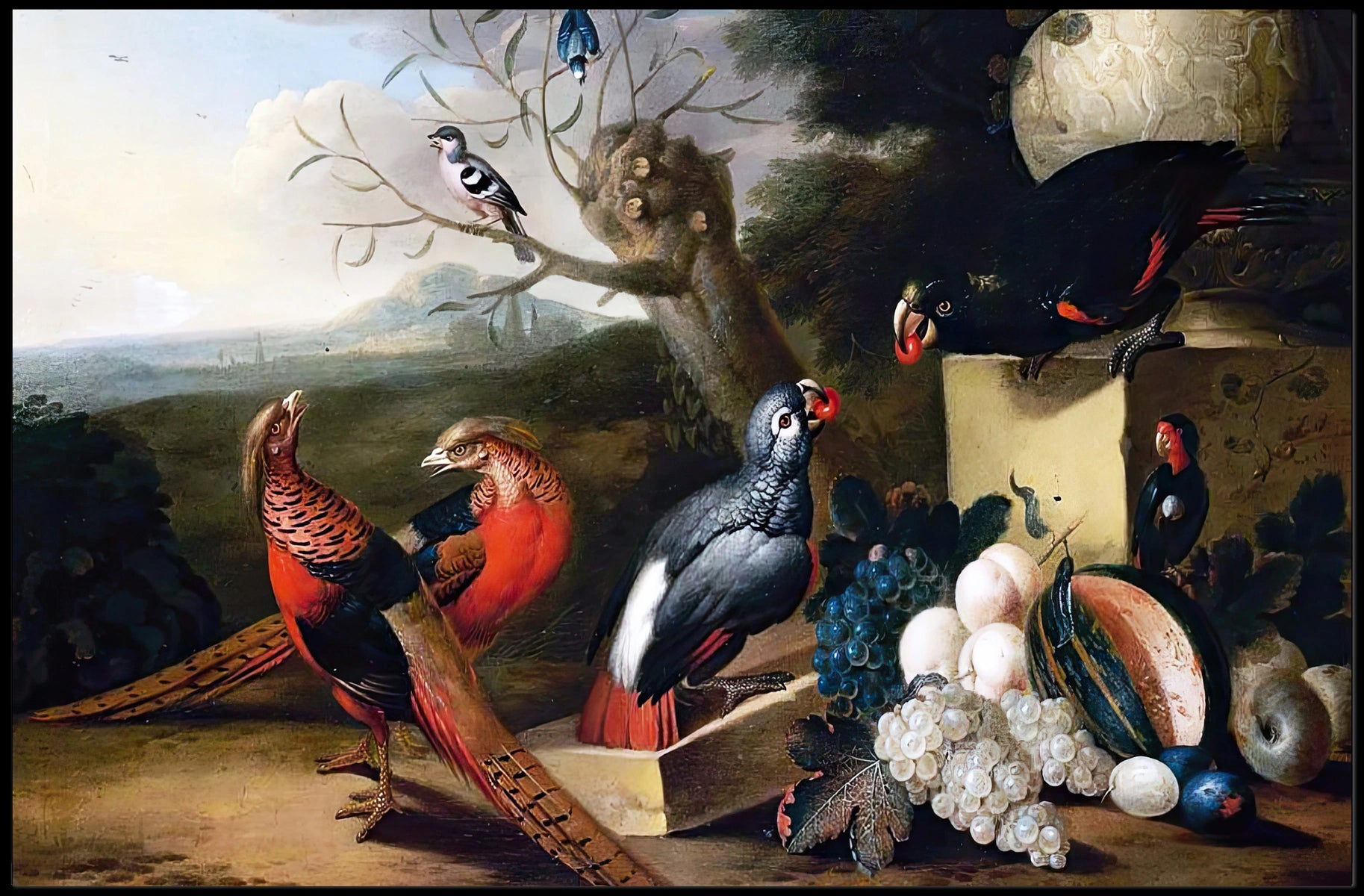 Vibrant Birds and Fruits Artistic Still Life Poster