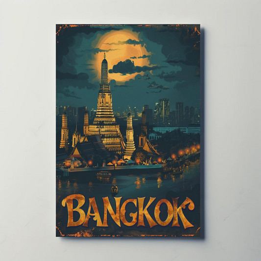 Bangkok Wat Arun Temple Nighttime Lights Travel Poster