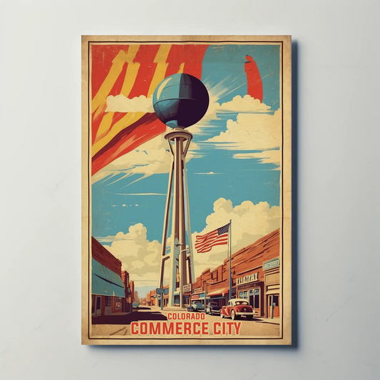 Commerce City Colorado Water Tower Downtown Vintage Travel Poster
