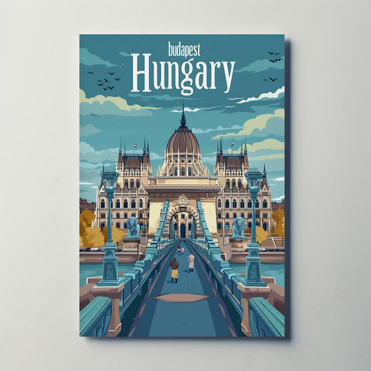 Budapest Hungary Vintage Travel Poster - Cityscape & Bridge