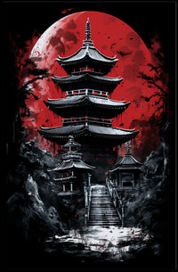 Traditional Japanese Pagoda with Red Moon Cultural Poster