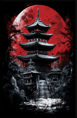 Traditional Japanese Pagoda with Red Moon Cultural Poster