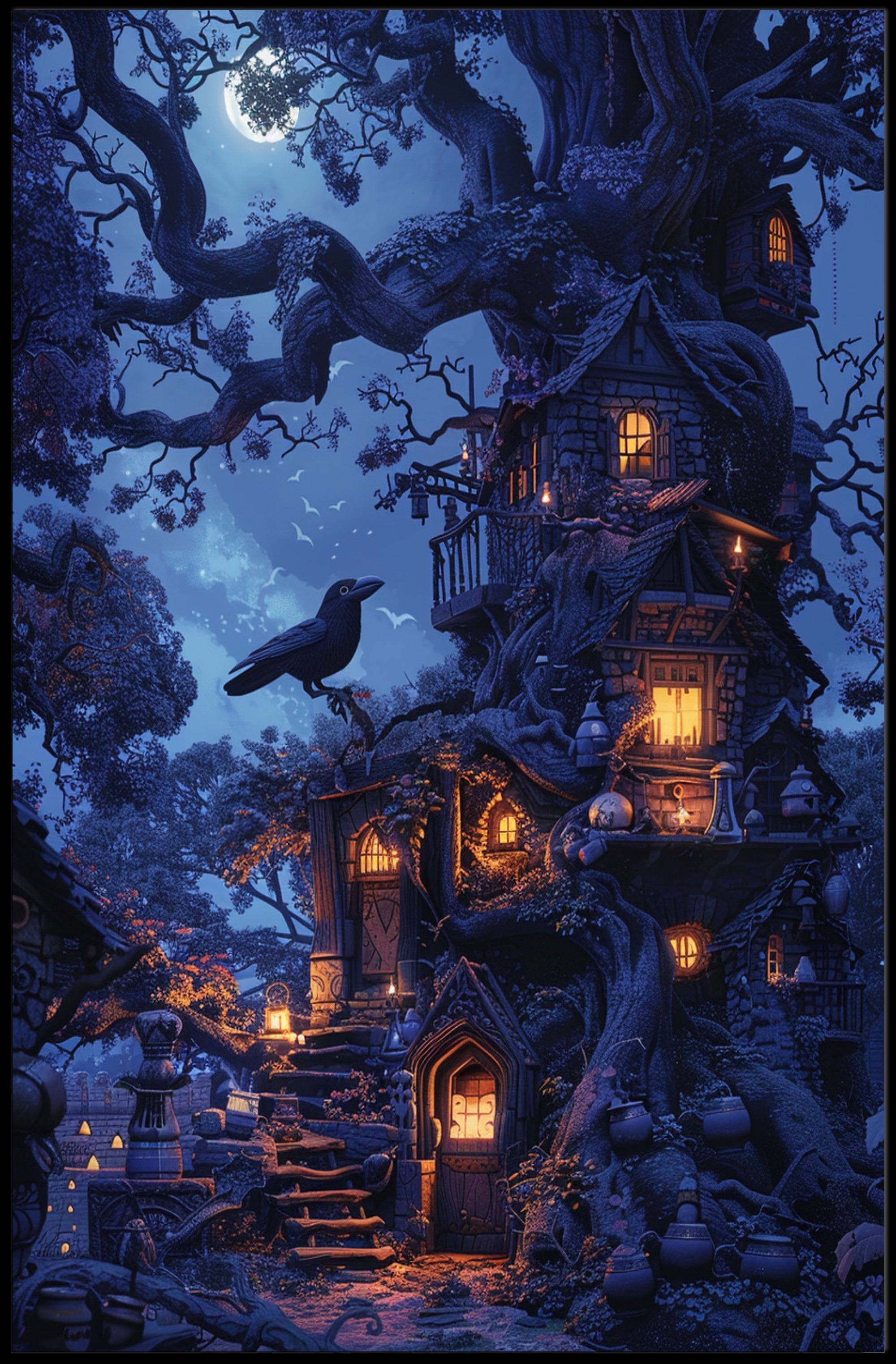 Enchanted Treehouses Under Moonlight Fantasy or Mythology Poster PosterGoat