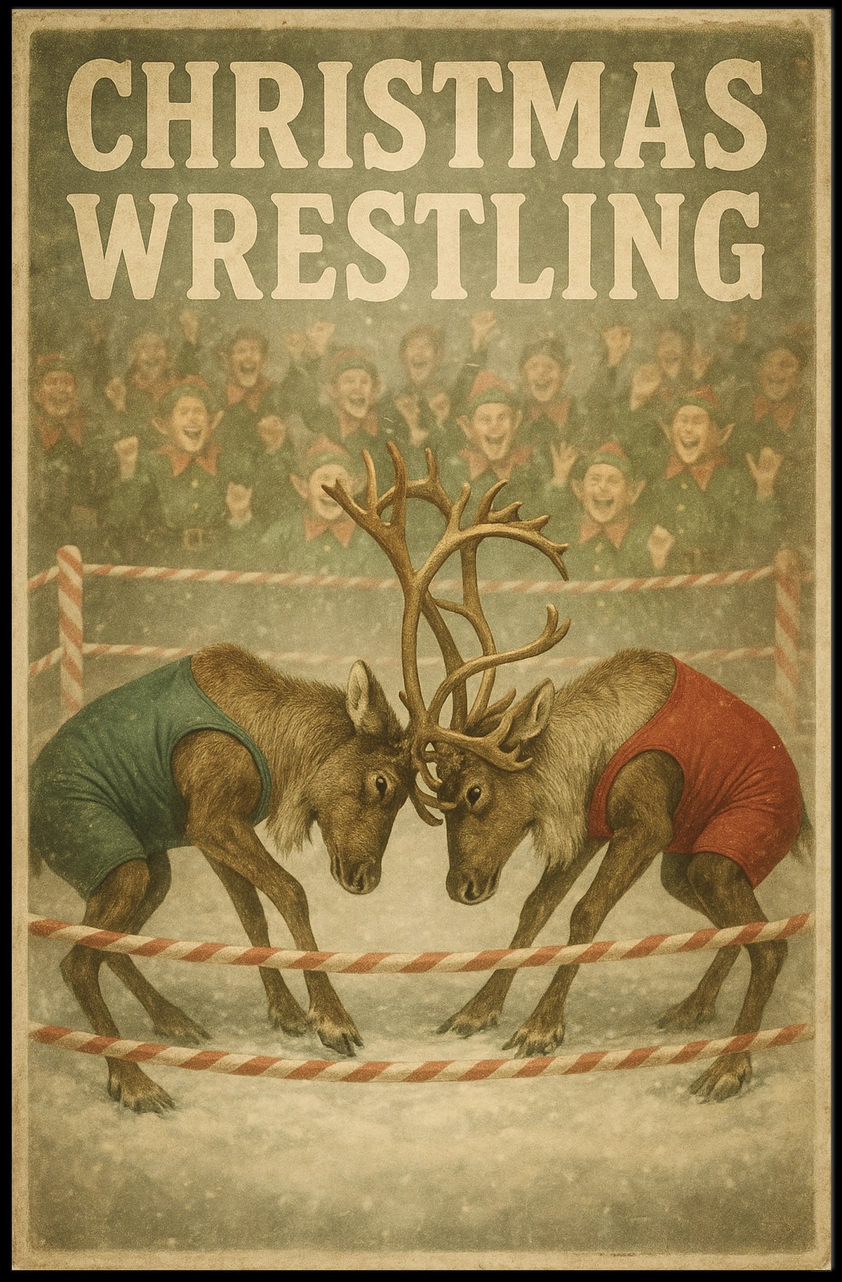 Christmas Wrestling Reindeer Vintage Holiday Poster Print