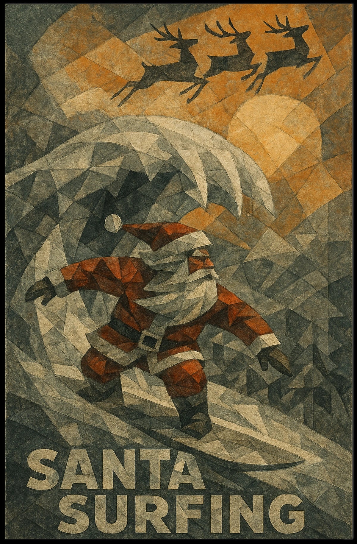 Santa Surfing Holiday Poster with Reindeer Silhouettes