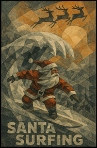 Santa Surfing Holiday Poster with Reindeer Silhouettes