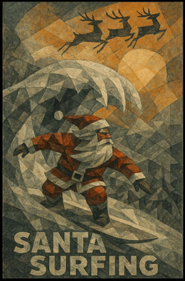 Santa Surfing Holiday Poster with Reindeer Silhouettes